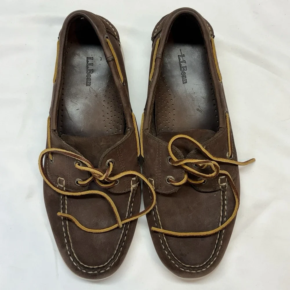 LL Bean Casco Bay Leather Boat Shoes Mens US 10.5‎ D Brown Moccasin Loafers